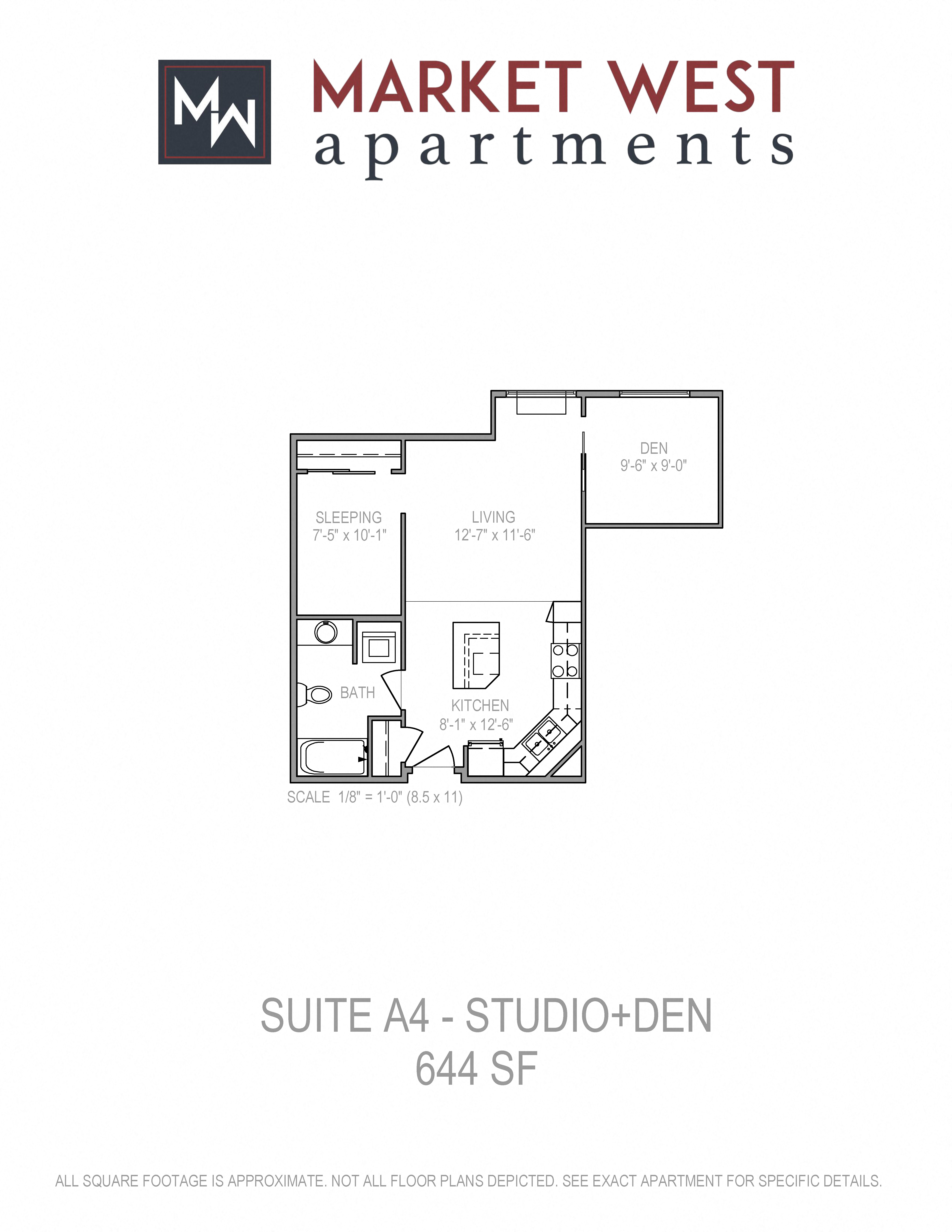 Floor plan for studio, 1 bath, 644 sqft